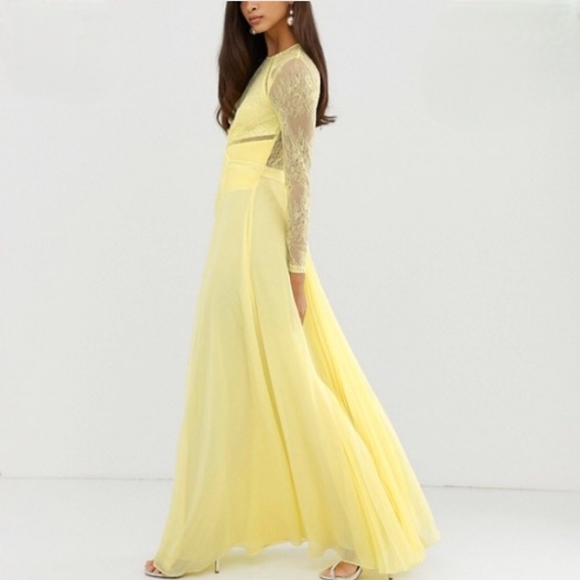Women's Yellow Asos Design Tall Long Sleeve Lace Paneled Pleat Maxi Dress - Picture 2 of 6